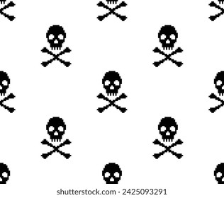 pixel Skull and bones  Seamless Pattern vector pirate Skull 
 background  pixel art for 8 bit game