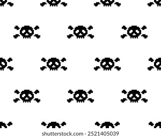 pixel Skull and bones Seamless Pattern vector pirate Skull background pixel art for 8 bit game