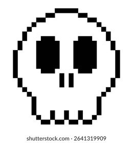 pixel skull icon, The flat design features two large circular eyes and simplified nose and teeth. Suitable for danger symbols, warning signs, or spooky graphic elements.