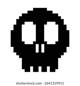 pixel skull icon, The flat design features two large circular eyes and simplified nose and teeth. Suitable for danger symbols, warning signs, or spooky graphic elements.