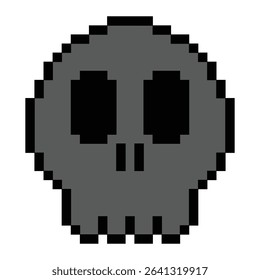 pixel skull icon, The flat design features two large circular eyes and simplified nose and teeth. Suitable for danger symbols, warning signs, or spooky graphic elements.