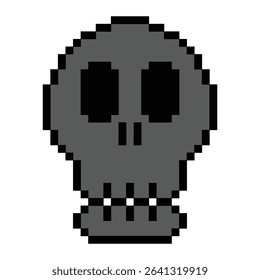 pixel skull icon, The flat design features two large circular eyes and simplified nose and teeth. Suitable for danger symbols, warning signs, or spooky graphic elements.