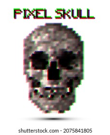 Pixel Skull. RGB color offset vector illustration of pixelated skull isolated on white background.