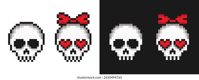 Pixel skull set. Pixelated skulls of boy and cute girl with bow and hearts instead of eyes. Pixel art skeleton head. Vector illustration.