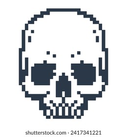 Pixel skull vintage element monochrome death man head in retro style for interior design computer club vector illustration