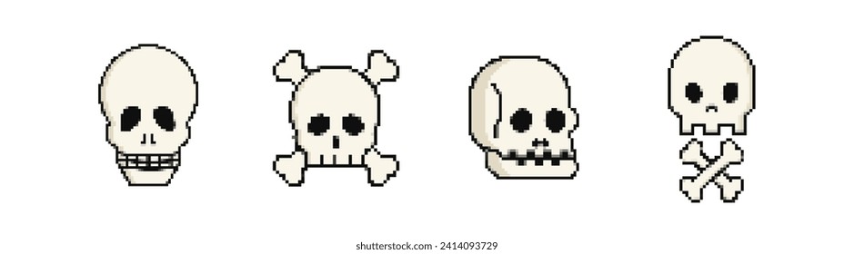 Pixel skulls with crossbones set. Sinister pirate 8bit jolly roger and danger symbol with poison for deadly design and vector games