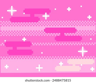 Pixel sky background. Pink bright sky with stars.