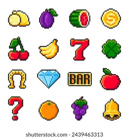 Pixel slot machine symbols set isolated on white background. Icons for casino app. Fruits and lucky symbols. Vector pixel art illustration in 8-bit old style.