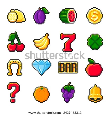 Pixel slot machine symbols set isolated on white background. Icons for casino app. Fruits and lucky symbols. Vector pixel art illustration in 8-bit old style.