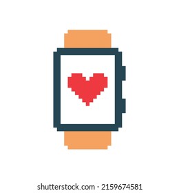 pixel smart watch icon with  heart 
 .  Vector pixel art wrist watch 8 bit logo for game
