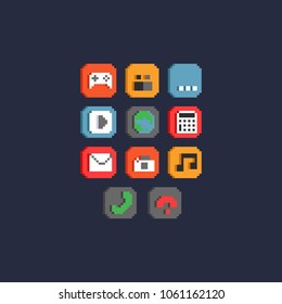 Pixel smartphone icon set.Square icon version.8bit art vector illustration.