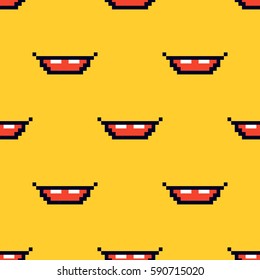 Pixel smile, mouth, grin seamless pattern background.