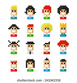 Pixel smile people faces icons. Vector illustration. 8 bit graphic style