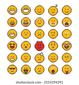 Pixel smiles and face emotions icons. Pixel emoji expressing different emotions, 8 bit emoticon with various emotions.