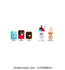 Pixel smiling ice creams.8bit character.