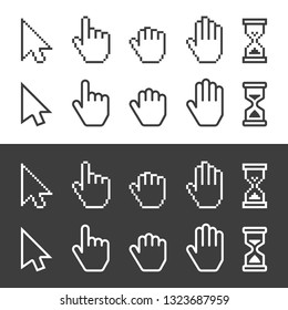 Pixel, and smooth cursors icons mouse hand arrow hourglass. Computer Mouse Cursor symbol set. Vector illustration EPS 10.