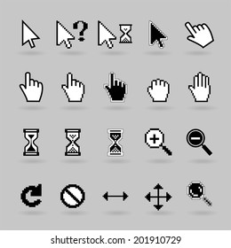 Pixel and smooth vector cursors icons. Hand, magnifier  and  hourglass