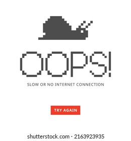 Pixel snail illustration with slow or no internet connection page on white background.