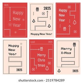 Pixel snake. 2025 New Year's cards set with video game. Nostalgia of 90s. Christmas trees, gift box and snowflake. Retro poster with abstract electronic screen. Memories banners, vector illustration