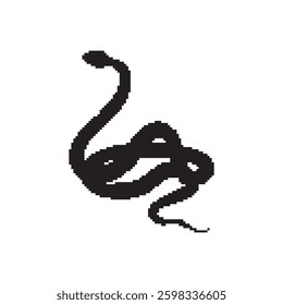 Pixel snake icon, 8 bit viper symbol, retro style computing serpent sign, black simple snake silhouette vector illustration