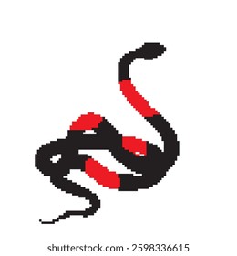 Pixel snake icon, 8 bit viper symbol, retro style computing serpent sign, red black simple snake silhouette vector illustration