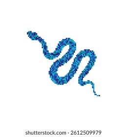 Pixel snake icon, 8 bit viper symbol, retro style computing serpent sign, blue simple snake silhouette vector illustration