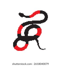 Pixel snake icon, 8 bit viper symbol, retro style computing serpent sign, red black simple snake silhouette vector illustration