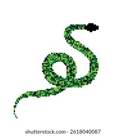 Pixel snake icon, 8 bit viper symbol, retro style computing serpent sign, green simple snake silhouette vector illustration