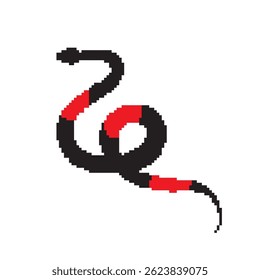 Pixel snake icon, 8 bit viper symbol, retro style computing serpent sign, red black simple snake silhouette vector illustration