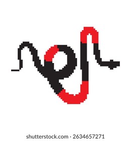 Pixel snake icon, 8 bit viper symbol, retro style computing serpent sign, red black simple snake silhouette vector illustration