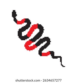 Pixel snake icon, 8 bit viper symbol, retro style computing serpent sign, red black simple snake silhouette vector illustration