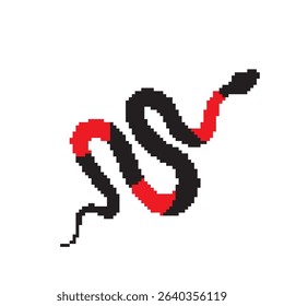 Pixel snake icon, 8 bit viper symbol, retro style computing serpent sign, red black simple snake silhouette vector illustration