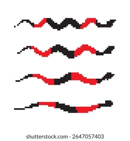 Pixel snake icon, 8 bit viper symbol, retro style computing serpent sign, red black simple snake silhouette vector illustration