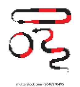 Pixel snake icon, 8 bit viper symbol, retro style computing serpent sign, red black simple snake silhouette vector illustration
