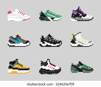 Pixel sneaker icons set. Footwear design for logo, sticker, games, web and mobile app. Vector illustration.