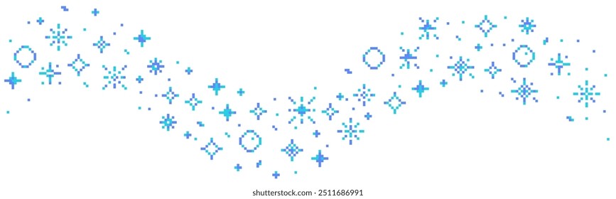 Pixel snow retro 8 bit sparkle wavy border seamless frame. Shiny game pixel art effect set. Firework burst, space decoration. 90s aesthetics, y2k 