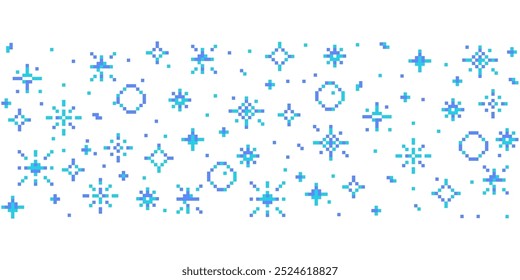 Pixel snow retro 8 bit sparkle border seamless frame. Shiny game pixel art effect set. Firework burst, space decoration. 90s aesthetics, y2k 