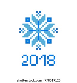 Pixel snowflake and 2018 text. Vector design elements for your project.