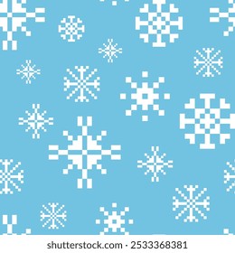 Pixel snowflake pattern. Seamless print of christmas retro vintage video game symbols, white winter holiday background for wrapping paper textile. Vector texture.