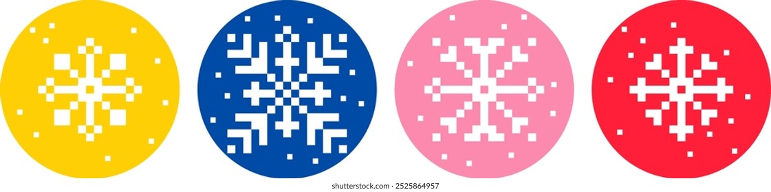 Pixel snowflake playful stickers set. Winter color decorative elements in pixel art. Mood of 90's aesthetics. 8-bit retro style pixelated vector illustration. Simple geometric form. Icon collection