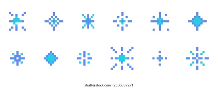 Pixel snowflake or star retro 8 bit sparkle set. Shiny winter game pixel art effect set. Firework burst, ice, space decoration. 90s aesthetics, y2k 