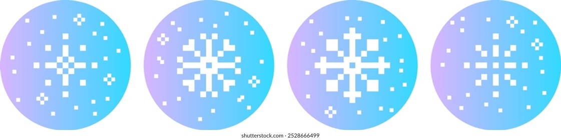 Conjunto de pegatinas de copo de nieve de píxel. Elemento de color naive de invierno en pixel art. Sentimiento de la estética de los 90. Ilustración vectorial de estilo retro de 8 bits. Forma geométrica simple para collage y póster. Fondo de degradado