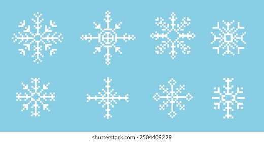 Pixel Schneeflocke Winter retro verpixelt 8-Bit-Spiel Stempel. Festtagsflocken-Ornament. Einfaches Kristallornament. 