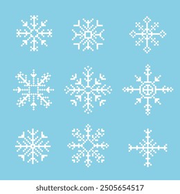 Pixel Schneeflocke Winter retro verpixelt 8-Bit-Spiel Stempel. Festtagsflocken-Ornament. Einfaches Kristallornament. 