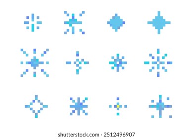 Pixel copo de nieve invierno retro pixilado sello de juego de 8 bits. Ornamento de escamas de Festiva. Ornamento de cristal simple. 