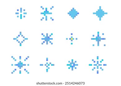 Pixel snowflake winter retro pixilated 8 bit game stamp. Holiday flake ornament. Simple crystal ornament. 