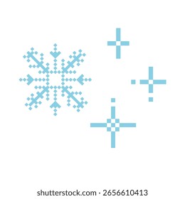 Pixel snowflake winter retro pixilated 8 bit game stamp. Y2k snow, minimal and simple. Holiday flake ornament. Simple crystal ornament