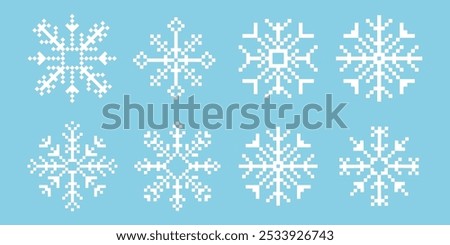 Pixel snowflake winter retro pixilated 8 bit game stamp. Set Holiday flake ornament. Simple crystal ornament. 