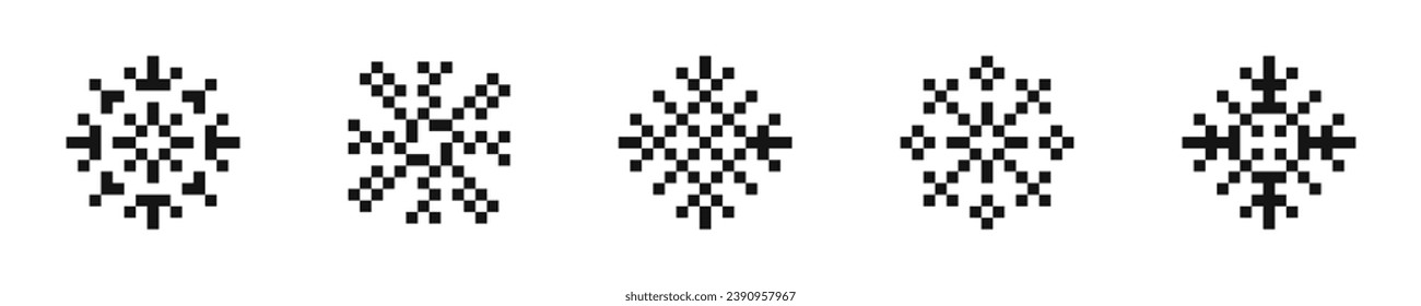  Pixelschneeflocken-Icon-Sammlung. Pixelkunst-Schneeflocken-Icon-Set. Flache Schwarze Schneeflocken-Symbole.