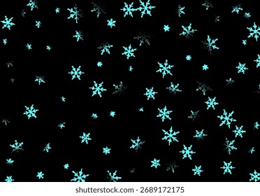 Pixel snowflakes on black background for Christmas greeting card. Winter snowfall, in 8bit pixel style